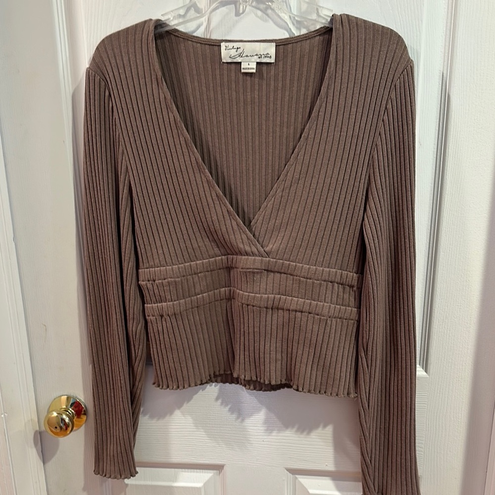 Vintage Havana Brown Ribbed Long Sleeve Blouse